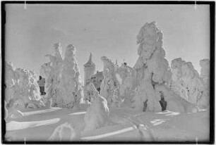 Keilberg (Klínovec). Winterlandschaft. Im Hintergrund der verschneite „Kaiser Franz-Josef-Aussichtsturm“