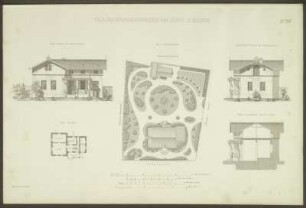 Villa Kuntze in Dresden, von Erhardt. Situationsplan. Fassade des Gärtnerhauses. Grundriss. Durchschnitt