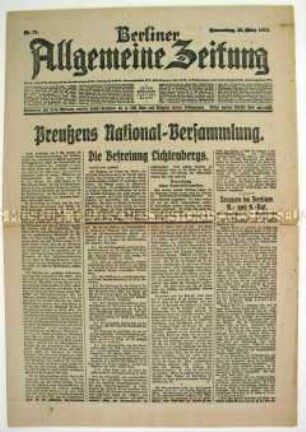 Tageszeitung "Berliner Allgemeine Zeitung" zur Sitzung der preußischen Nationalversammlung und den Unruhen in Berlin-Lichtenberg