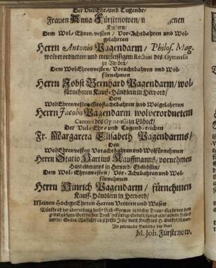 Der Viel-Ehr- [...] Frauen Anna Fürstenowen/ [...] Herrn Antonio Pagendarm/ [...] Herrn Jobst Bernhard Pagendarm/ [...]