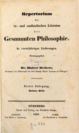 Repertorium der in- und ausländischen Literatur der gesammten Philosophie, 1,3. 1839