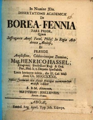 Dissertationis acad. de Borea-Fennia pars prior
