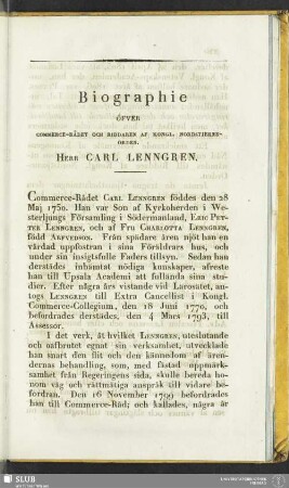 Biographie öfver Commerce-Rådet och Riddaren af Kongl. Nordstjerne-Orden. Herr Carl Lenngren