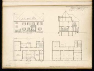 Apotheke in einer Kleinstadt Monatskonkurrenz Dezember 1904: Grundriss Erdgeschoss, Obergeschoss, Aufriss Gartenansicht, Querschnitt; Maßstabsleiste