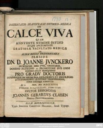 Dissertatio Inavgvralis Chymico-Medica De Calce Viva