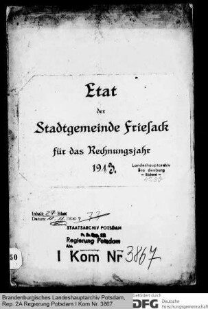 Etat der Stadtgemeinde Friesack für das Rechnungsjahr 1913