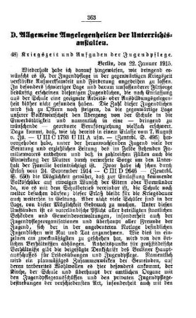 Kriegszeit und Aufgaben der Jugendpflege : [D. Allgemeine Angelegenheiten der Unterrichtsanstalten]