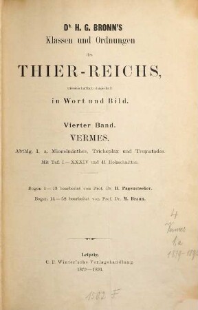 Dr. H.G. Bronn's Klassen und Ordnungen des Tier-Reichs : wissenschaftlich dargestellt in Wort und Bild, 4. Band. Vermes