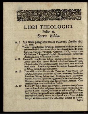Libri Theologici. Folio A. - Libri Theologici. Quarto G.
