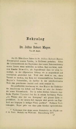 Nekrolog des Dr. Julius Robert Mayer