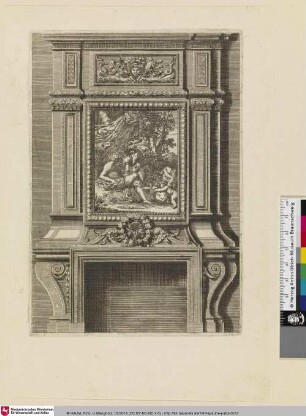 [Kaminentwurf mit einem Gemälde mit einem Bacchanal; Cheminée ornée d'un tableau représentant une scène bachique]