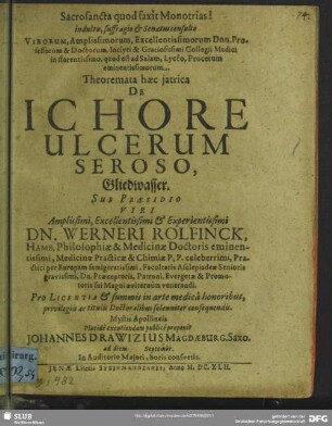 Theoremata haec jatrica De ichore ulcerum seroso