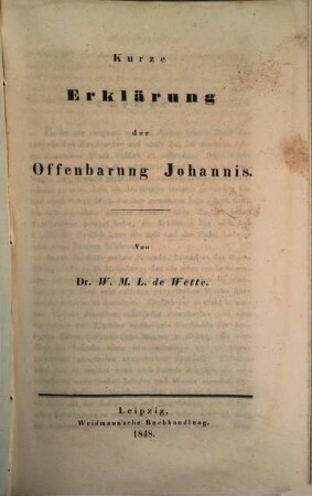 Kurzgefasstes exegetisches Handbuch zum Neuen Testament, 3,2. Kurze Erklärung der Offenbarung Johannis