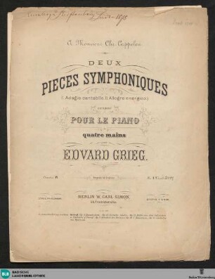 Deux pieces symphoniques : (I. Adagio cantibile II. Allegro energico); op. 14