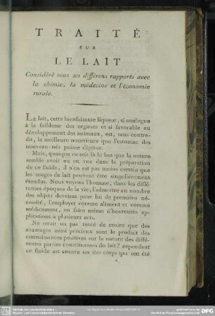 Traité Sur Le Lait Considéré sous ses différens rapports avec la chimie, la médecine et l' économie rurale