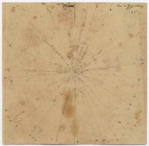 Von der Augustusburg aus ... von Mittag. Feder, schwarze und rote Tusche. Karte. Blatt 65 recto aus: Alte aufgetragenen Mappen welche Churf. Augustus mitt dem Wagen , die Orttung oder schmigung gesucht, vnnd vonn dießenn Rein aufgetragenn, vnnd eine Mappa darauß gemacht wordenn. 16. Jh. Zum Teil von des Kurfürsten eigener Hand. Dresden: SLUB Mscr.Dresd.Q.187.m