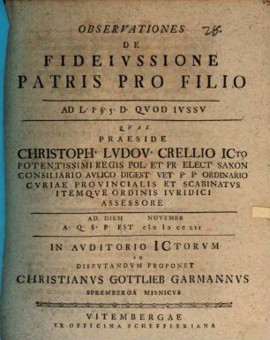 Observationes de fideivssione patris pro filio : ad L. I. §. 5. D. quod iussu