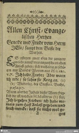 Allen Christ-Evangelischen Hertzen Genade und Friede vom Herrn Jesu, samt dem Geiste der Warheit
