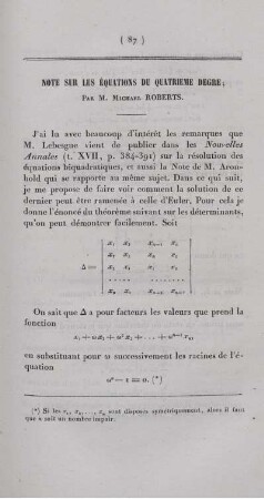 Note sur les équations du quatrieme degre.