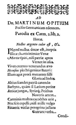 Ad Dn. Martinum Opitium Poësin Germanicam edentem