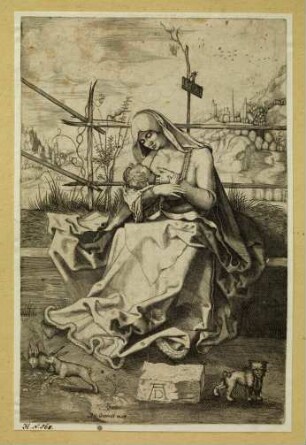 Maria auf der Rasenbank, das Kind stillend
