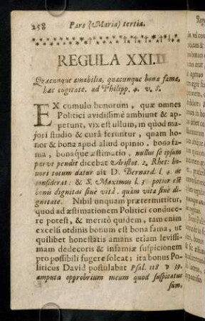 258-267, Regula XXI [sic!]. Quacunque amabilia, quaecunque bonae famae...
