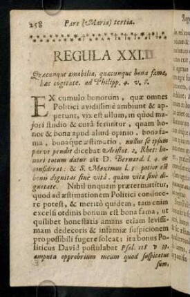258-267, Regula XXI [sic!]. Quacunque amabilia, quaecunque bonae famae...