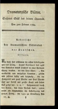 Sechstes Stük des dritten Quartals