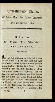 Sechstes Stük des dritten Quartals