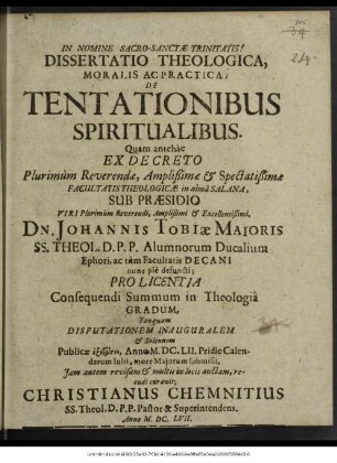 Dissertatio Theologica, Moralis Ac Practica; De Tentationibus Spiritualibus