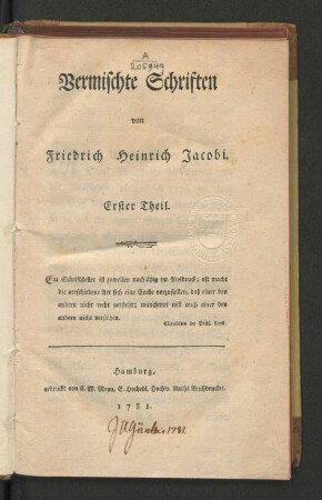 Erster Theil: Vermischte Schriften