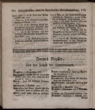 Zweytes Register, über den Inhalt der Verordnungen.