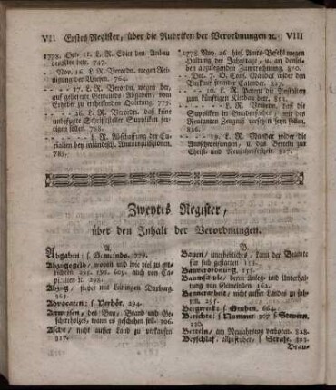 Zweytes Register, über den Inhalt der Verordnungen.