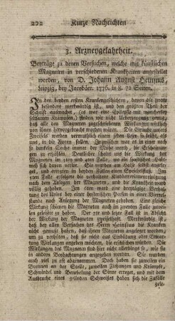 Beyträge zu denen Versuchen, welche mit künstlichen Magneten in verschiedenen Krankheiten angestellet werden.