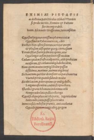 Eximiae Pietatis ac doctrinae patri Nicolao Abbati Werden ...