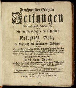 34: Frankfurtischer gelehrter Zeitungen Vier und dreyßigstes Jahr