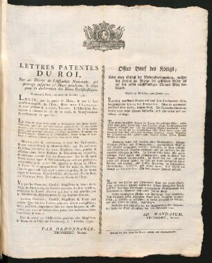 Lettres Patentes Du Roi, Sur un Décret de l'Assembée Nationale, qui proroge jusqu'au 1.er Mars prochain, le délai pour la déclaration des Biens Ecclésiastiques : Données à Paris, au mois de Janvier 1790