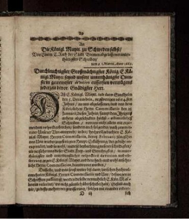 An Die Königl. Maytt. zu Schweden selbst/ Von Einem E. Rath der Stadt Bremen abgelassenes unterthänigstes Schreiben