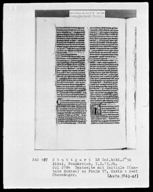 Bibel — Initiale C (antate domina), darin zwei Chorsänger, Folio 218verso