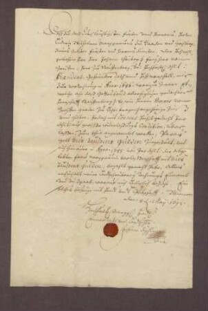 Der markgräfliche Landschreiber bescheinigt dem Freiherrn von Greiff einen weiteren Vorschuss von 4.000 fl. aus den Gefällen der ihm verliehenen Herrschaft Staufenberg