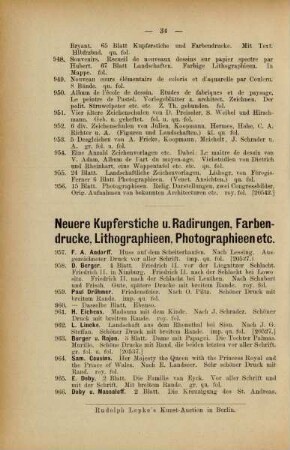 Neuere Kupferstiche u. Radirungen. Farbendrucke, Lithographieen, Photographieen etc.
