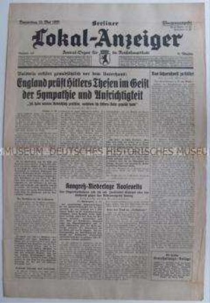 Tageszeitung "Berliner Lokal-Anzeiger" u.a. zur Reaktion der britischen Regierung auf die jüngste Rede Hitlers