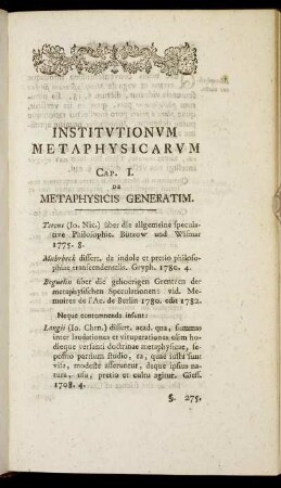 Cap. I. De Metaphysicis Generatim