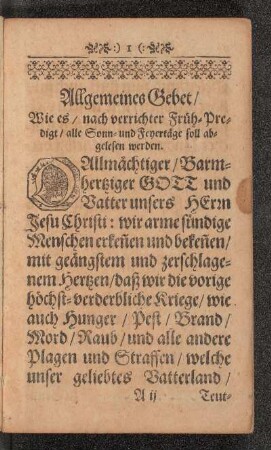 Allgemeines Gebet, Wie es nach verrichter Früh-Predigt, alle Sonn- und Feyertäge soll abgelesen werden.