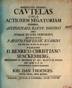 Dissertatio Ivridica Cavtelas Circa Actionem Negatoriam Exhibens