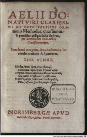 AELII DONATI VIRI CLARISSIMI DE OCTO PARTIBVS ORAtionis Methodus, quaestiunculis puerilibus undiq[ue] collectis illustrata, per Leonhardum Culmannum Crailßheymensem. Iam denuò recognita, & aucta formulis faciendae orationis & Syntaxeos