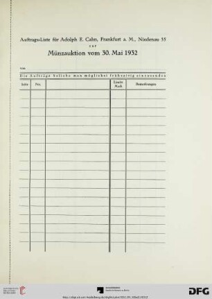Auftragsliste für Adolph E. Cahn, Frankfurt