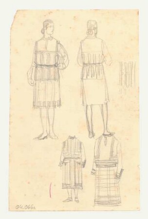 Bekleidungsstudien : Vorder- und Rückenansicht einer weiblichen Figurine mit engem, knielangem Rock, gegürteter Bluse mit kleinem Kragen; Skizzen zu Rock und Bluse gestreift