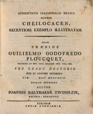 Diss. inaug. med. sistens cheilocacen recentiori exemplo illustratam