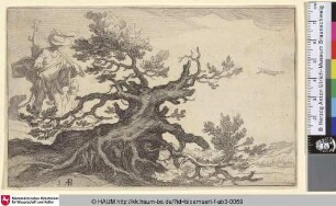 [View with a Tree; Landschaft mit knorrigem Baum, dahinter ein Jäger]